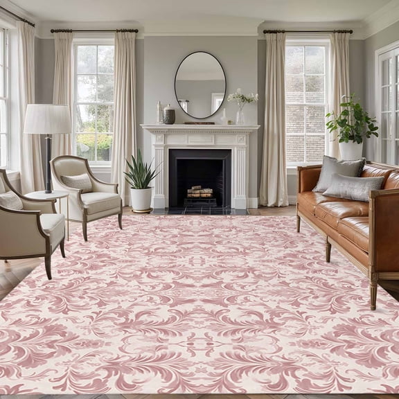 Pink Baroque 6'x9' Area Rug for Living Room, Farmhouse Scroll Floral Damask Patterned Non-Slip Floor Mat Rugs for Bedroom Dining Room, Indoor Large Carpet for Classroom, Nursery Rugs for Playroom