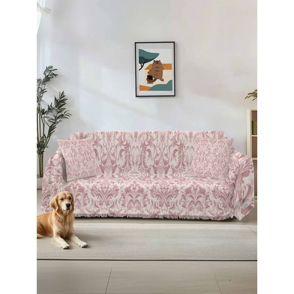 Pink Baroque Couch Cover, Farmhouse Scroll Floral Damask Patterned Sofa Cover Blanket for Loveseat Couches,Sectional Sofa Slipcover Furniture Protector for Living Room Bedroom 71''x118''