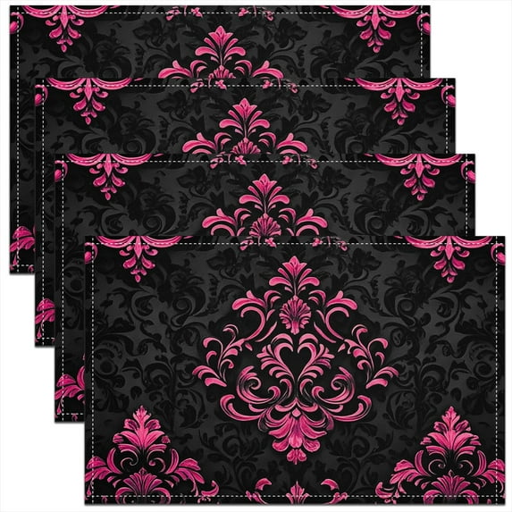 Pink Baroque Damask Place Mats Set of 4 for in Door Dinning, Hippie Flower Floral Table Place Mats for in Door Dining, Vintage Victorian Table Mats for Dining Table, Stylish Kitchen Decorative