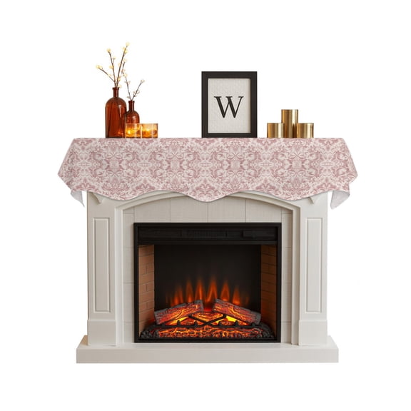 Pink Baroque Fireplace Mantel Scarf, Farmhouse Scroll Floral Damask Patterned Mantel Cover Table Runner, Fireplace Top Dresser Scarves for Party Holiday Living Room Home Decoration 70x17 Inch