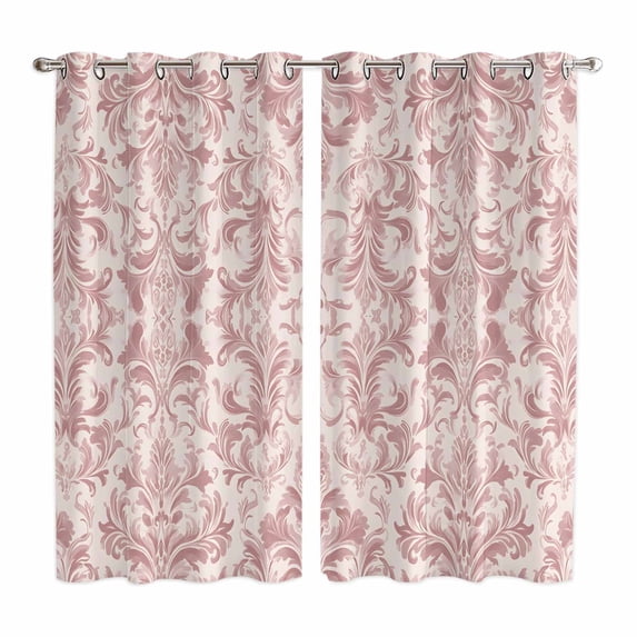 Pink Baroque Kitchen Curtains 63 Inch Length, Farmhouse Scroll Floral Damask Patterned Grommet Top Bedroom Living Room Curtains, Light Filtering Cafe Curtain Drapes 2 Panels Set 84''x63''