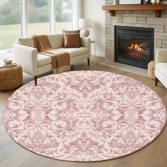 Pink Baroque Round Area Rug 5ft, Farmhouse Scroll Floral Damask Patterned Washable Non-Slip Circle Rugs for Bedroom Living Room Kitchen, Soft Low Pile Carpet for Dining Room Playroom Nursery