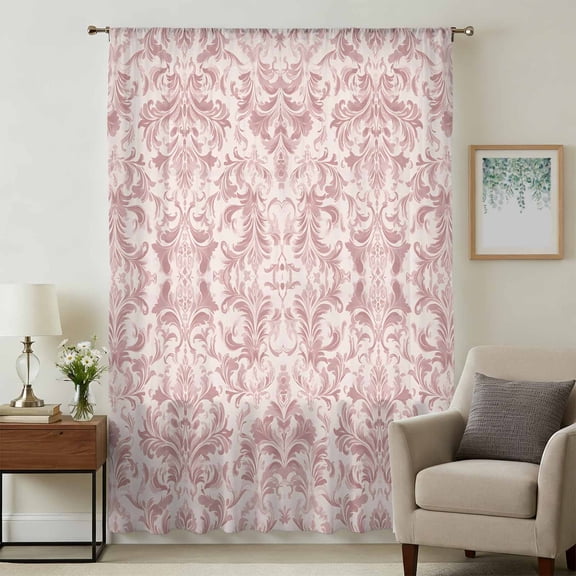 Pink Baroque Sheer Curtains 45 Inches Long, Farmhouse Scroll Floral Damask Patterned Light Filering Curtains, Breathable Simi Curtain Privacy Drapes for Kitchen Bathroom Small Window Treatment