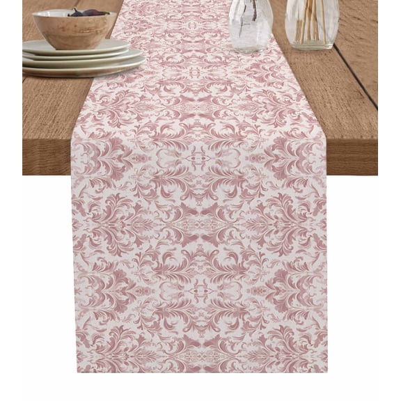 Pink Baroque Table Runner 70 Inches, Farmhouse Scroll Floral Damask Patterned Bed Runner Dresser Scarves Tabletop for Indoor Outdoor Parties/Ceremony/Banquet, 13" x 70"