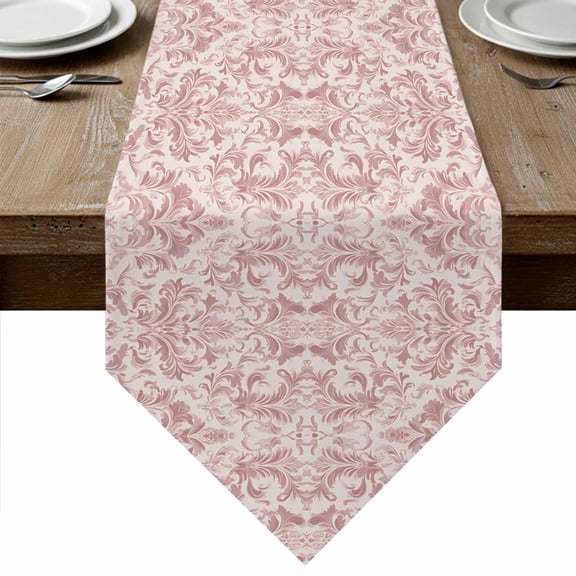 Pink Baroque Table Runner Linen Burlap Table Runner 90 Inches Long Farmhouse Scroll Floral Damask Patterned Dresser Scarves for Kitchen Island Coffee Dining Party Wedding Holiday Decor 13"x90"