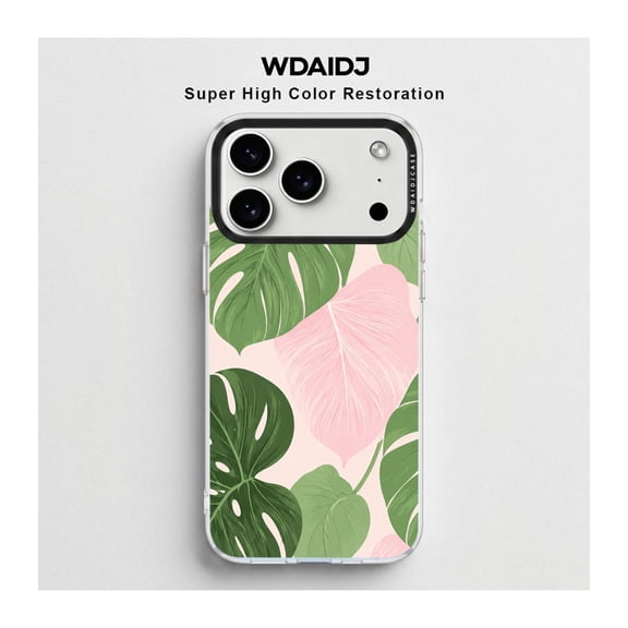 Pink Base Green Pink Monstera Leaf Phone Case For Iphone 12 13 14 15 16 17 Transparent Anti Drop Anti Yellow Protective Shell