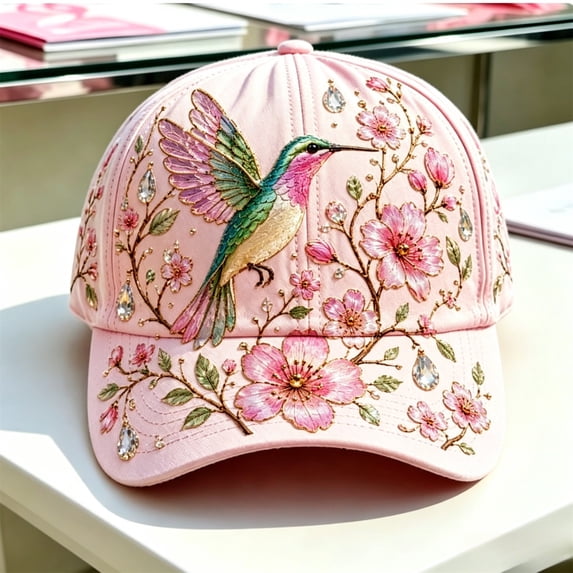 Pink Baseball Cap with Embroidery Hummingbird Cherry Blossom, Rhinestone Decor Adjustable Soft Hat, Floral Bird Printed Sun Hat