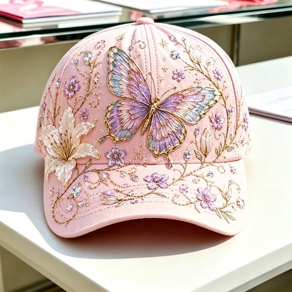 Pink Baseball Cap with Embroidery Hummingbird Cherry Blossom, Rhinestone Decor Adjustable Soft Hat, Floral Bird Printed Sun Hat