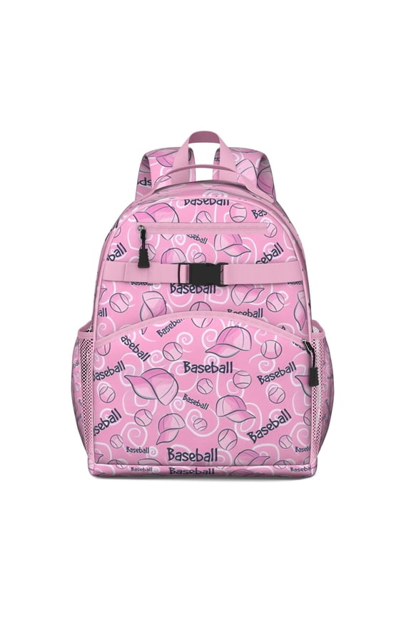 Pink Baseball Caps and Balls Pattern Backpack for School,Cute School Bag,Schoolbag with Adjustable Shoulder Straps & Padded Back,15.25"x11.5"x5.25"
