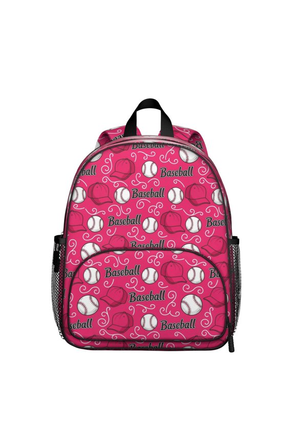 Pink Baseball Caps and Balls Pattern Backpack for School, Cute School Bag with Adjustable Shoulder Straps and Padded Back, 13.8"x11.4"x6"