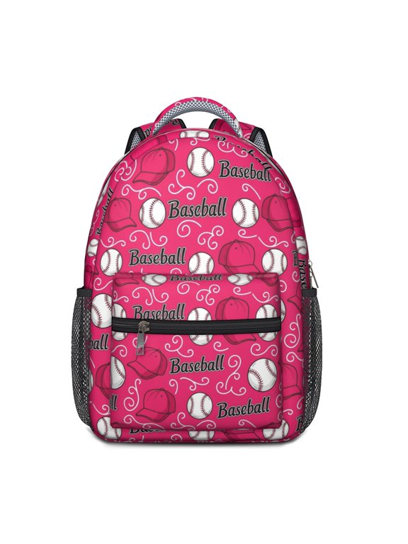 Pink Baseball Caps and Balls Pattern Backpack for School, Cute School Bag with Adjustable Shoulder Straps and Padded Back, 15.3"x11"x6.7"