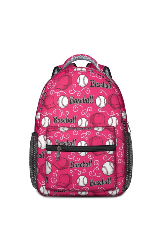 Pink Baseball Caps and Balls Pattern Backpack for School, Cute School Bag with Adjustable Shoulder Straps and Padded Back, 15.3"x11"x6.7"