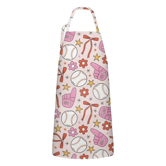 Pink Baseball Fun Pattern Apron-Garden Aprons for Women with Pockets-Cotton Linen Waterproof Kitchen Cooking Gardening Aprons Adjustable for Kitchen,Cooking,BBQ and Salon 33x27 Inch