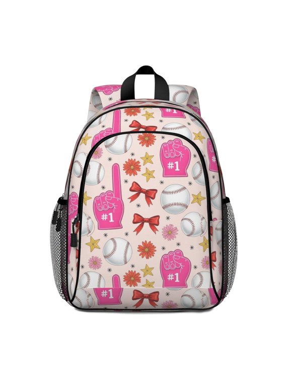 Pink Baseball Fun Pattern Backpack for School, Cute School Bag with Adjustable Shoulder Straps and Padded Back, 15"x11.42"x5.5"