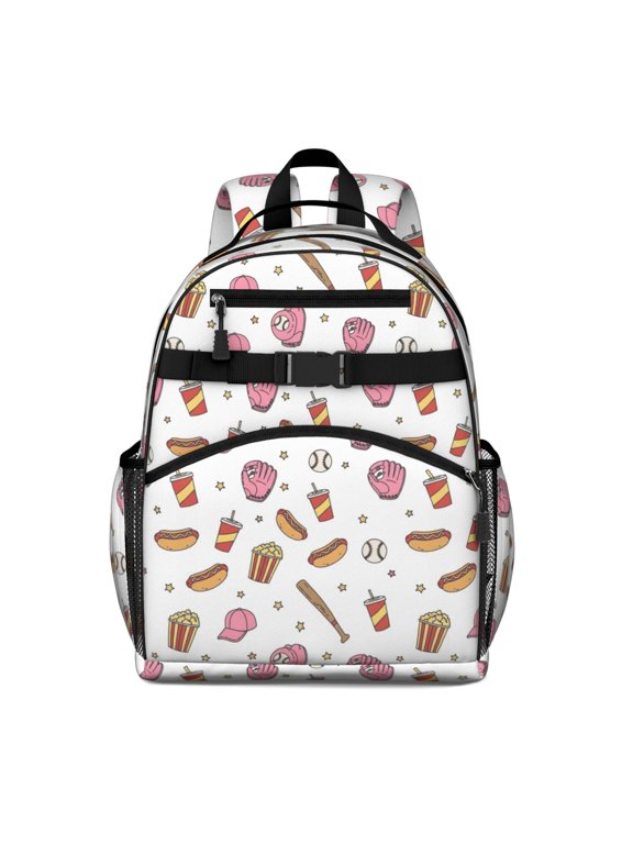Pink Baseball Game Snacks Pattern Backpack for School, Cute School Bag with Adjustable Shoulder Straps and Padded Back, 15.25"x11.5"x5.25"