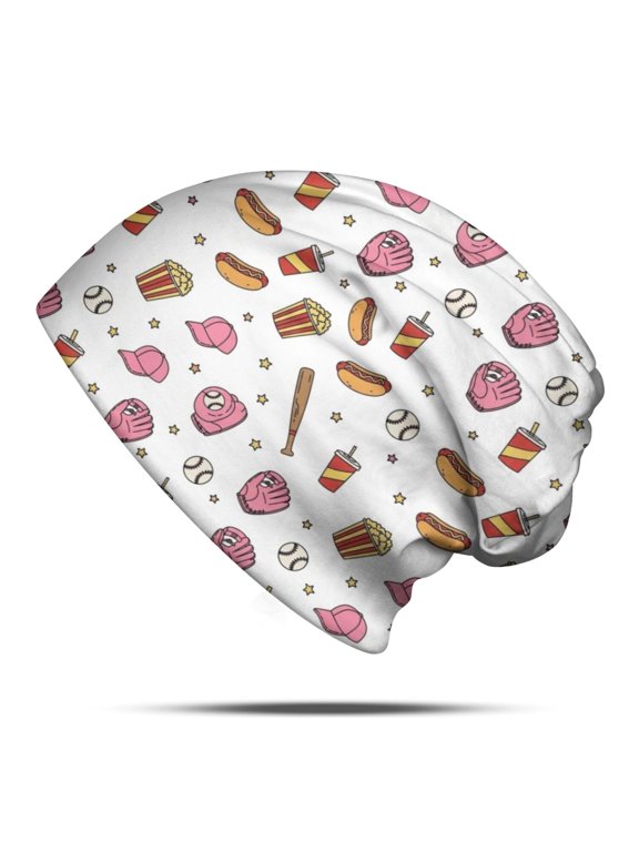 Pink Baseball Game Snacks Pattern Slouchy Beanie Hat, Outdoor Running Beanie with Stretchy Fabric & Soft Texture, Stretchy Polyester Gifts for Home Daily Outdoor