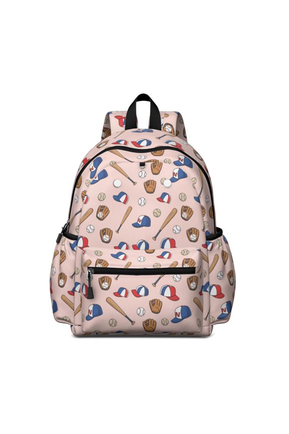 Pink Baseball Gear Pattern Backpack for School, Cute School Bag with Adjustable Shoulder Straps and Padded Back, 13.4"x11"x4.7"