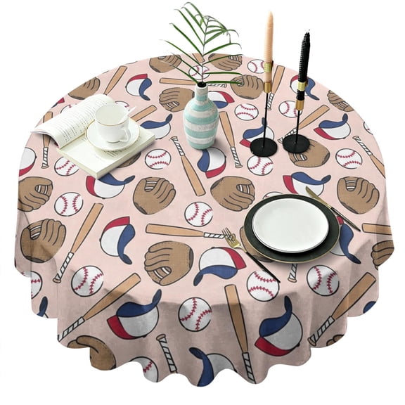 Pink Baseball Gear Pattern Round Tablecloth 60"x60",Wrinkle Wipeable Table Cloth for Kitchen Dining Room Picnic Patio Party