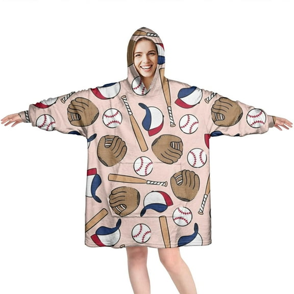 Pink Baseball Gear Pattern Wearable Oversized Blanket,Wearable Blanket Hoodie for Adults,Cozy Hooded Blankets with Super Pockets,Super Warm Fuzzy Pullover for Women & Men