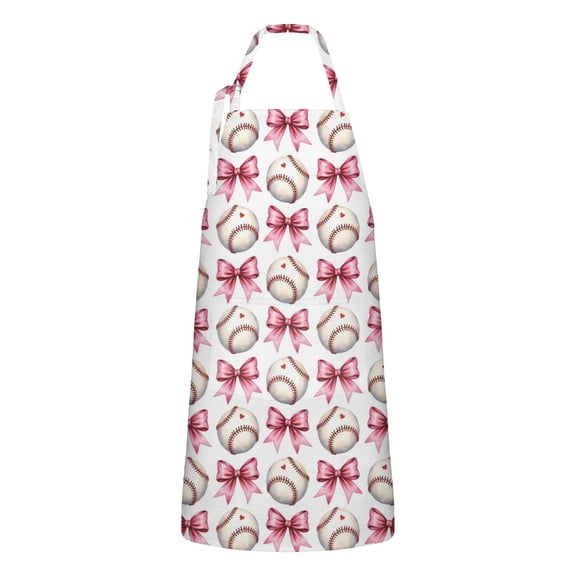 Pink Baseballs and Bows Pattern Apron-Garden Aprons for Women with Pockets-Cotton Linen Waterproof Kitchen Cooking Gardening Aprons Adjustable for Kitchen,Cooking,BBQ and Salon 33x27 Inch