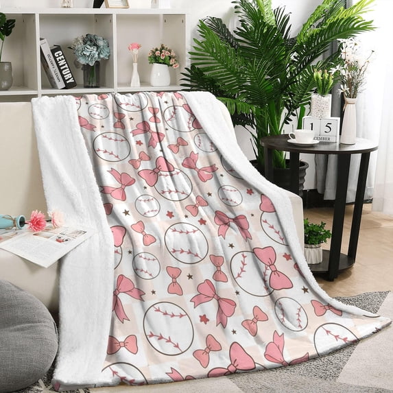 Pink Baseballs with Bows Pattern Blanket,Comfortable Soft Lamb Wool Throw Blanket,All Season,Warm Lightweight Blankets for Sofa Bed Couch Living Room Chair,50"x60"