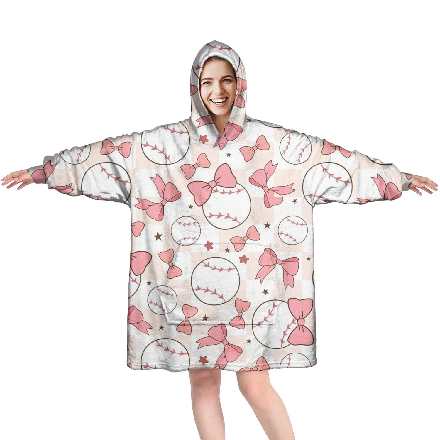 Pink Baseballs with Bows Pattern Wearable Oversized Blanket,Wearable Blanket Hoodie for Adults,Cozy Hooded Blankets with Super Pockets,Super Warm Fuzzy Pullover for Women & Men