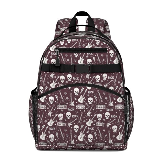Burgundy Rock Skull Pattern Backpack for School,Cute School Bag,Schoolbag with Adjustable Shoulder Straps & Padded Back,15.25"x11.5"x5.25"