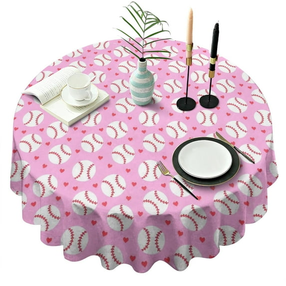 Pink Baseballs Pattern Round Tablecloth 60"x60",Wrinkle Wipeable Table Cloth for Kitchen Dining Room Picnic Patio Party
