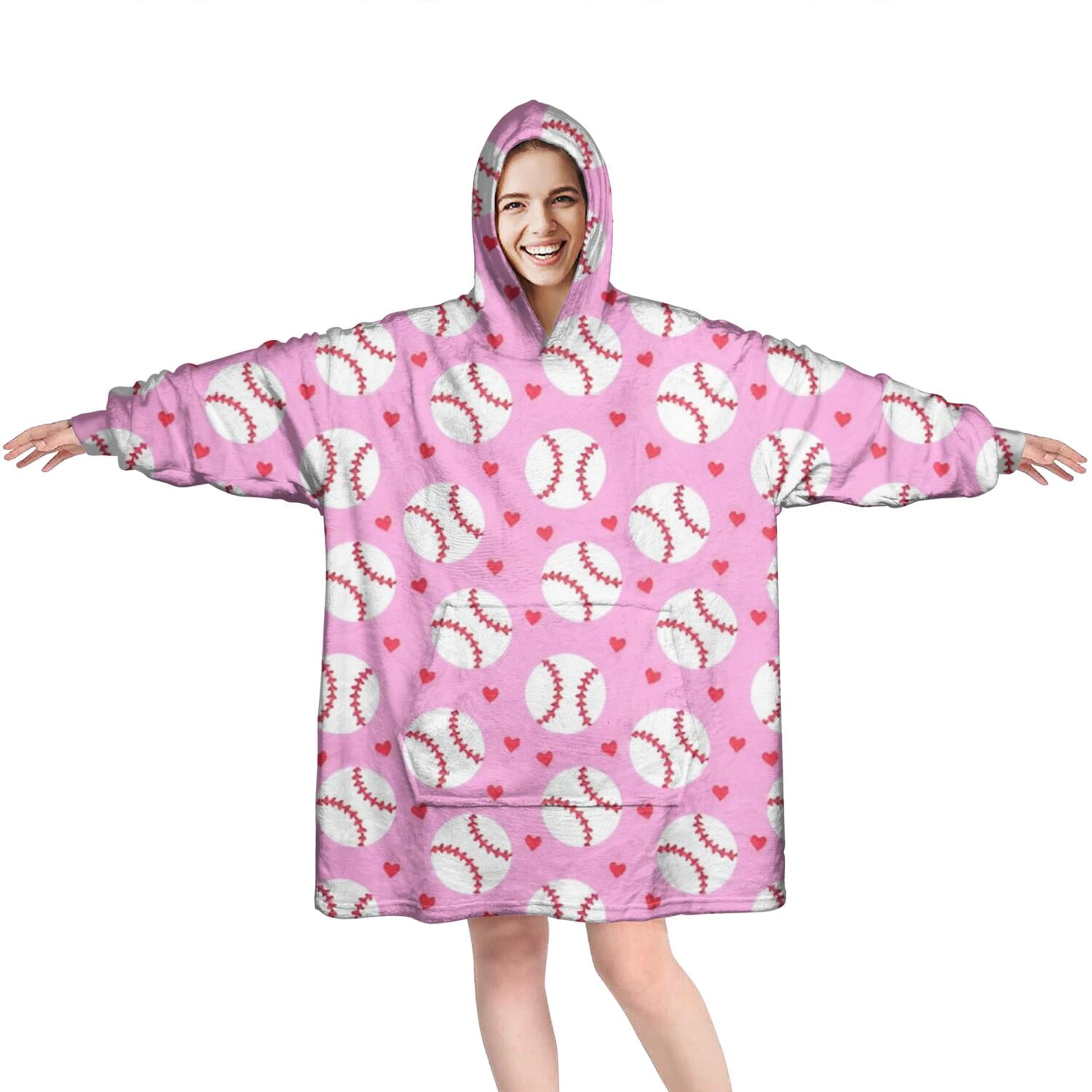 Pink Baseballs Pattern Wearable Oversized Blanket,Wearable Blanket Hoodie for Adults,Cozy Hooded Blankets with Super Pockets,Super Warm Fuzzy Pullover for Women & Men