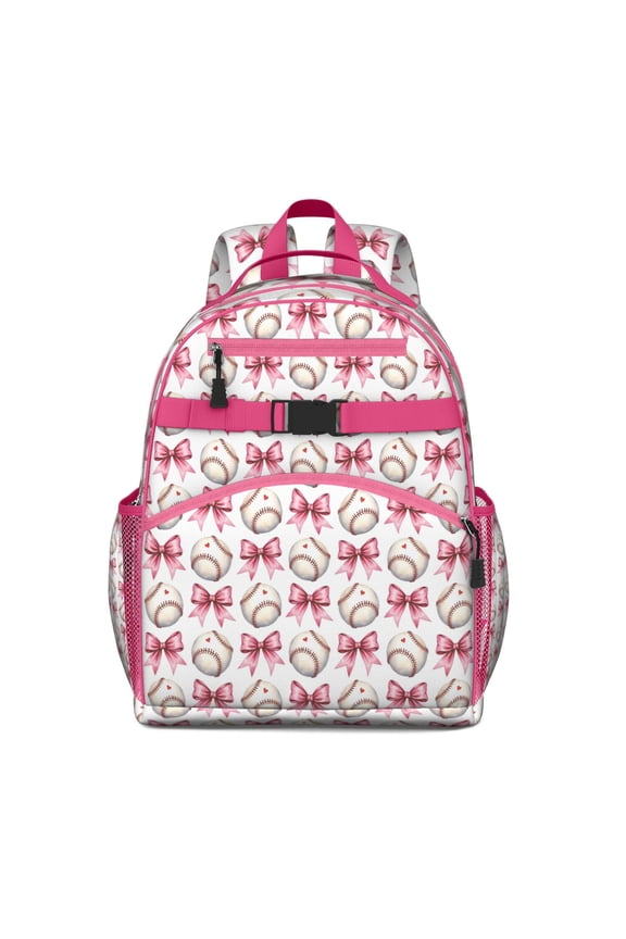 Pink Baseballs and Bows Pattern Backpack for School,Cute School Bag,Schoolbag with Adjustable Shoulder Straps & Padded Back,15.25"x11.5"x5.25"