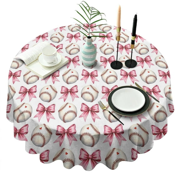 Pink Baseballs and Bows Pattern Round Tablecloth 60"x60",Wrinkle Wipeable Table Cloth for Kitchen Dining Room Picnic Patio Party