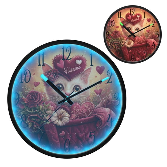 Pink Basket Cat Luminous Wall Clock with Sound-Activated LED 12-Inch Silent Acrylic Timepiece for Bedroom Livingroom or Office