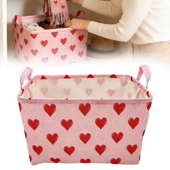 Pink Basket,Rectangular Pink Heart Fabric Storage Basket,Oxford Cloth, Books Box, Lovely Storage Trunk, Room Decor, Gift Basket(E)