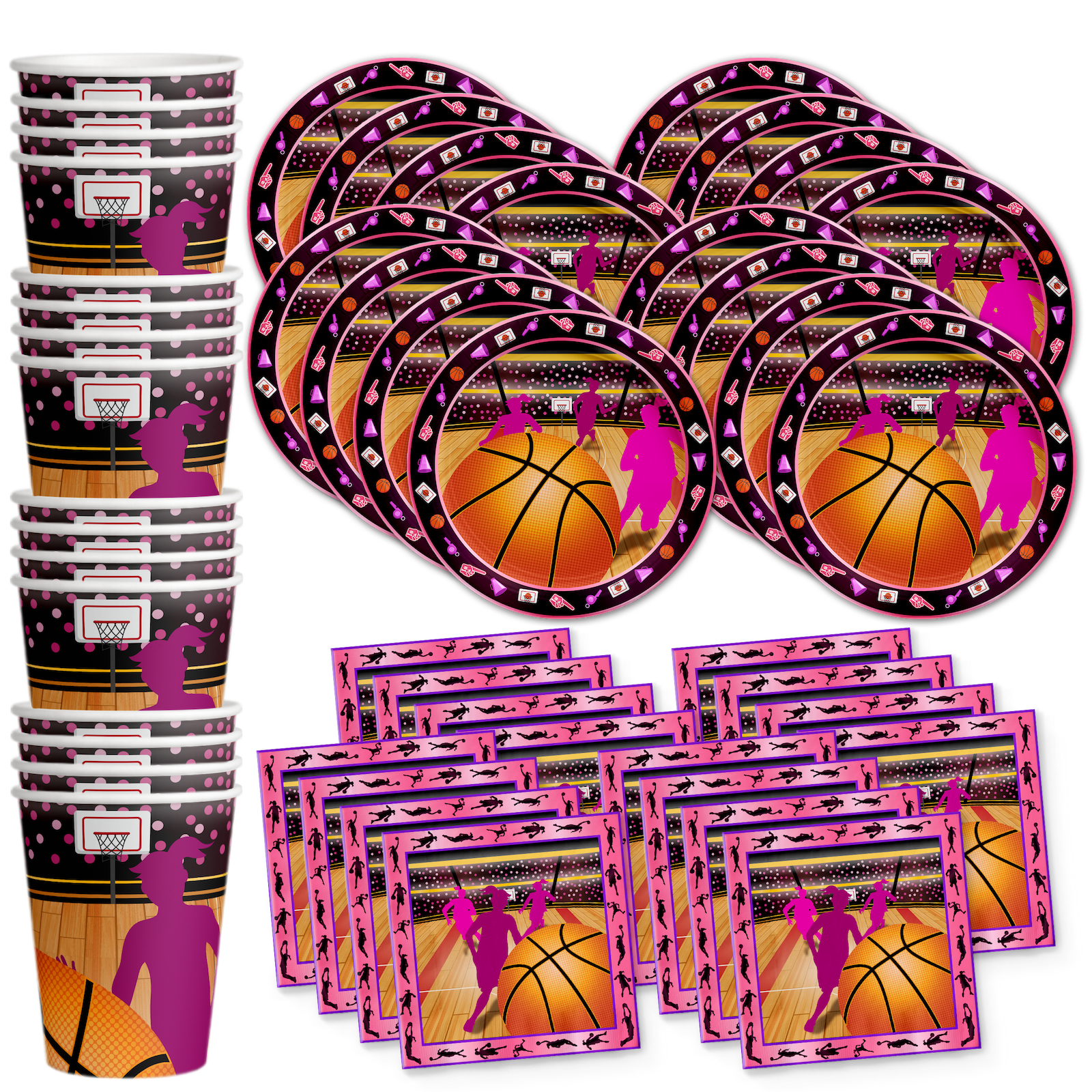 BIRTHDAY GALORE Pink Basketball Girl Birthday Party Supplies Set Plates Napkins Cups Tableware Kit for 16