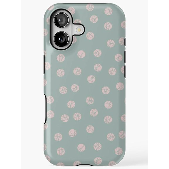 Pink Basketball Pattern on Sage Green Tough Phone Case, Dual-Layer Polycarbonate and TPU, for Apple iPhone Series