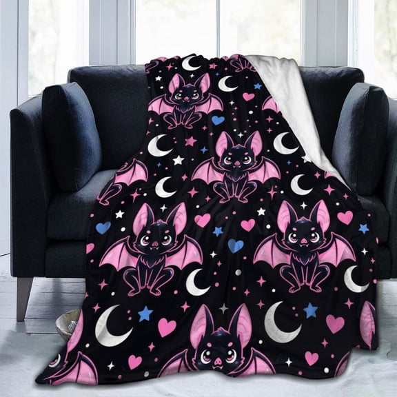 Pink Bat Blanket Gift, Soft Cozy Flannel Throw Blanket, Warm Blanket for Sofa, Couch, Bed, Halloween Party Decor, Cute Gothic Home Gift 50x40