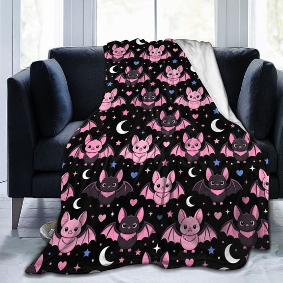 Pink Bat Blanket Gift, Soft Cozy Flannel Throw Blanket, Warm Blanket for Sofa, Couch, Bed, Halloween Party Decor, Cute Gothic Home Gift 50x40