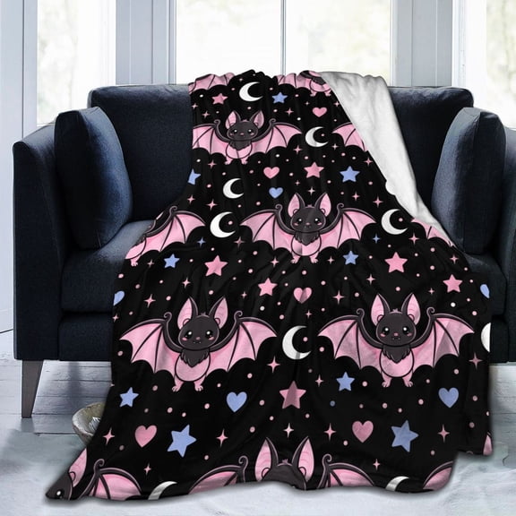 Pink Bat Blanket Gift, Soft Cozy Flannel Throw Blanket, Warm Blanket for Sofa, Couch, Bed, Halloween Party Decor, Cute Gothic Home Gift 50x40