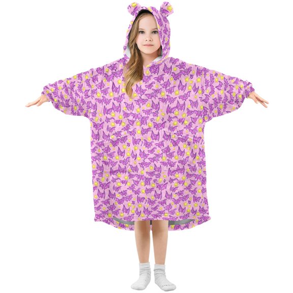 Pink Bat Cartoon Pattern ﻿Wearable Blankets Hoodie Oversize Sherpa Wearable Soft Blanket Warm Cozy 3-14 Age