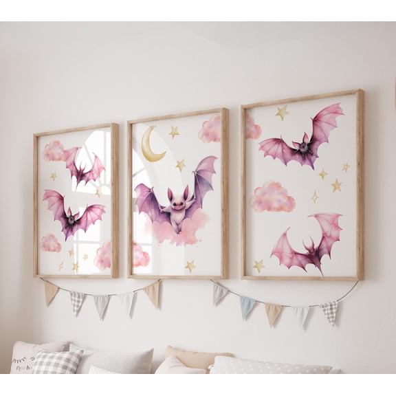 Pink Bat Prints Pink Clouds Wall Art Set Moon Posters Modern Art Stars Kids Bedroom Decor Girl Nursery Decor Playroom Prints Set 3