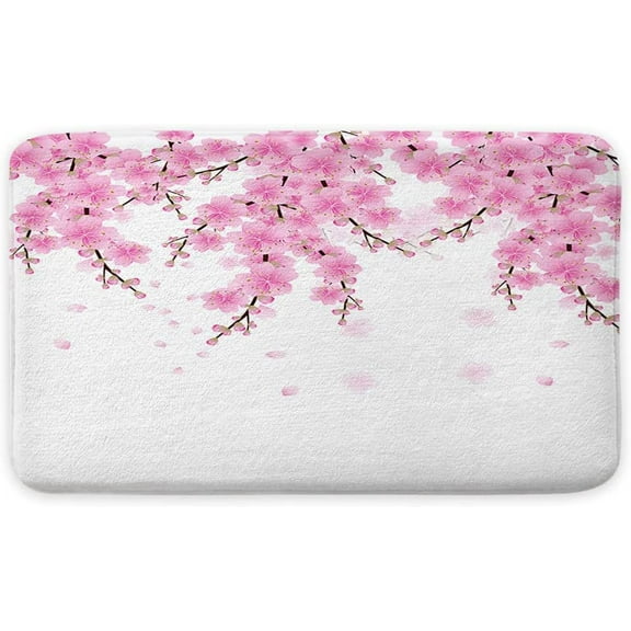 Pink Bath Mat, Spring Cherry Blossom Flower Bath Mats, Pink Floral Bathroom Rug, Soft Bath Rugs, 17 x 29 Inches
