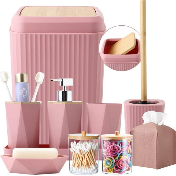 Pink Bathroom Accessories Set 10 Pieces - Trash Can with Bamboo Lid, Toilet Brush, Soap Dispenser, Soap Dish, Tumbler, Tooth Brush Holder, Tissue Holder, Tray, Swab Holder, Modern Bath Organizer