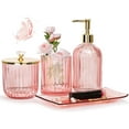 thumbnail image 1 of Pink Bathroom Accessories Set, 4 Pcs Glass Bathroom Accessory Sets, Soap Dispenser, Toothbrush Holder, Qtip Holder, Vanity Tray, Housewarming Dorm Apartment Decor Home Essentials Gift For Her, 1 of 4