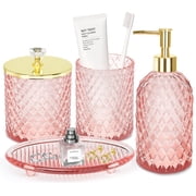 Haturi 4-Piece Pink Glass Bathroom Accessories Set, Diamond Pattern Vanity Organizer with Soap Dispenser, Toothbrush Holder, Q-tip Jar, and Tray
