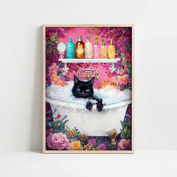 Pink Bathroom Black Cat Bathtub Wall Art Print, Playful Pet Decor