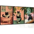 thumbnail image 1 of Pink Bathroom Cat Wall Art Black Cat Sitting on Toilet Reading Canvas Posters Funny Cat Bathroom Prints Pink Animal Pictures Green Botanical Painting Wall Decor for Bathroom (Framed canvas), 1 of 6