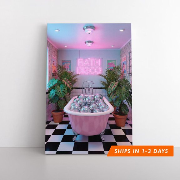 Pink Bathroom Disco Funky Retro Neon Disco Ball Poster, Unframed Poster
