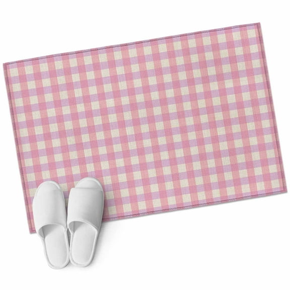 Pink Bathroom Mat 2x3 FT, Non Slip Small Kitchen Mat, Grid Checkered Plaid Gingham Lattice Trellis Washable Soft Backed Front Door Throw Rug Non-Shedding Indoor Outdoor Doormat for Entryway Sink
