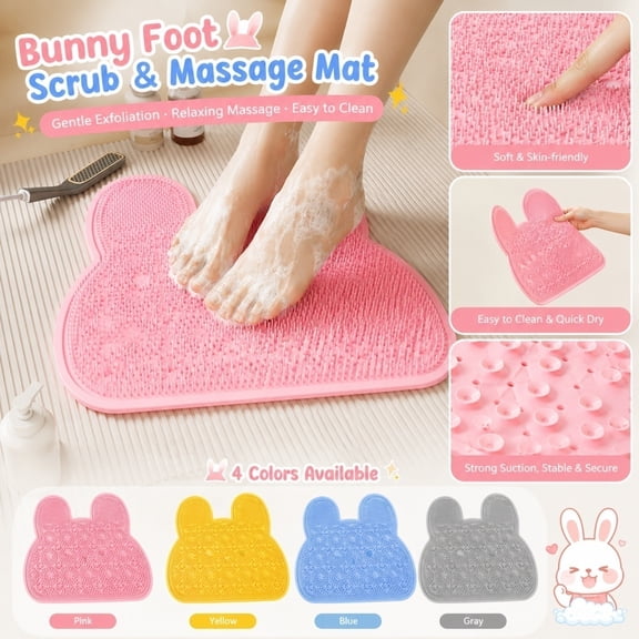 Pink Bathroom Mat, Foot Bath Massager, Shower Spa Mat, Bath Scrub Pad, 13X12 Inch Rabbit Ear Shaped Non-Slip Shower Foot Exfoliator, Flexible Soft Bristle Foot Care Mat That Works
