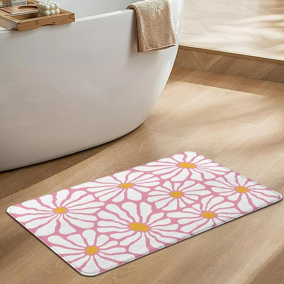Pink Bathroom Rugs Cute Daisy Bath Mat, Cute Bath mat for Shower Sink,White and Yellow Flower Bathroom Rug, Super Absorbent Machine Non Slip Back Washable Bathtub Mats for Shower 27x17inch